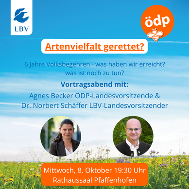 Einladungsplakat mit den Fotos von Agnes Becker und Norbert Schäffer vor dem vom Artenschutz-Volksbegehren bekannten Hintergrund einer Wiese und weiß-blauem Himmel